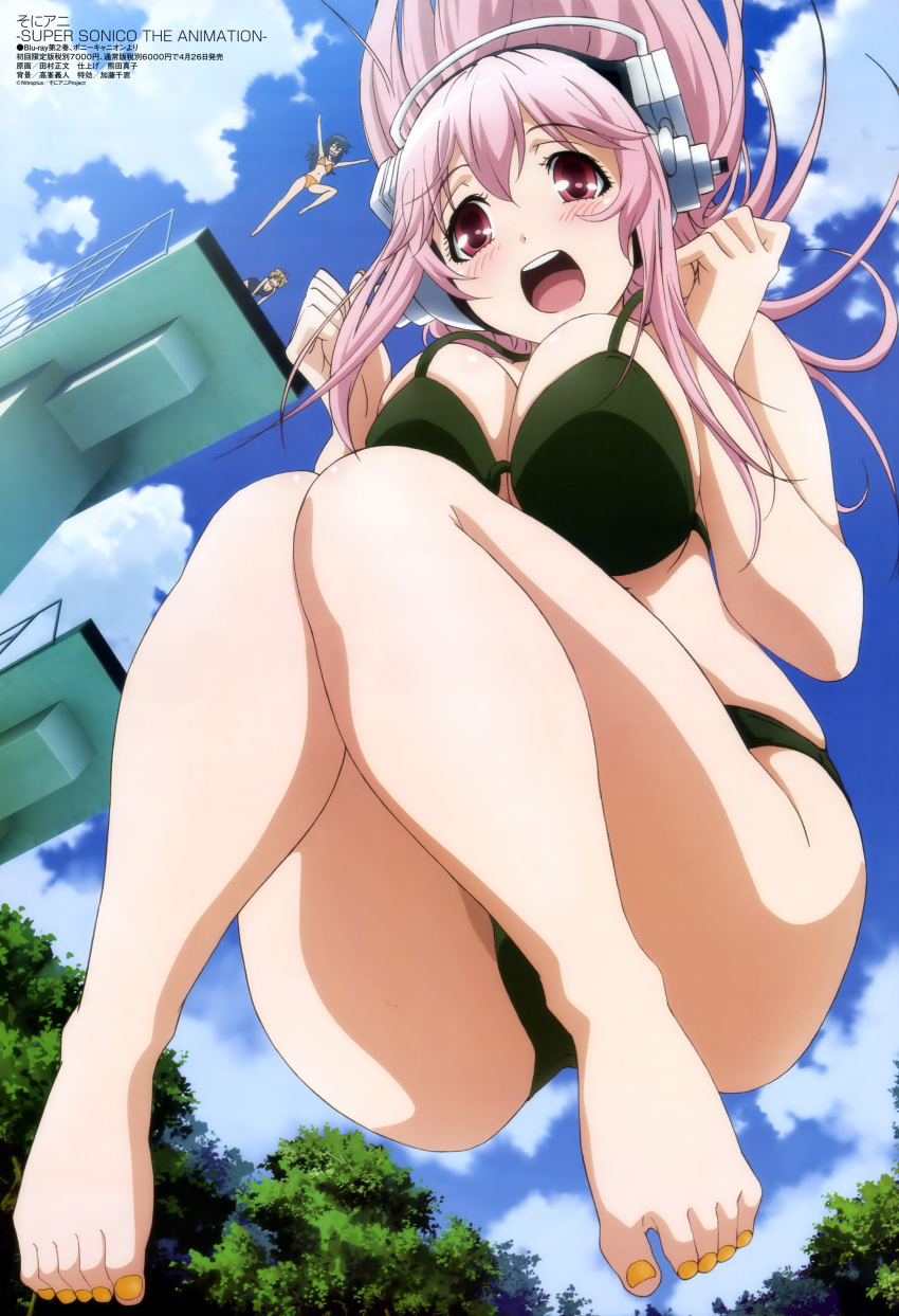 1girl absurdres bikini blush breasts cleavage clouds feet headphones highres legs long_hair megami nitroplus official_art open_mouth pink_eyes pink_hair sky soniani super_sonico swimsuit
