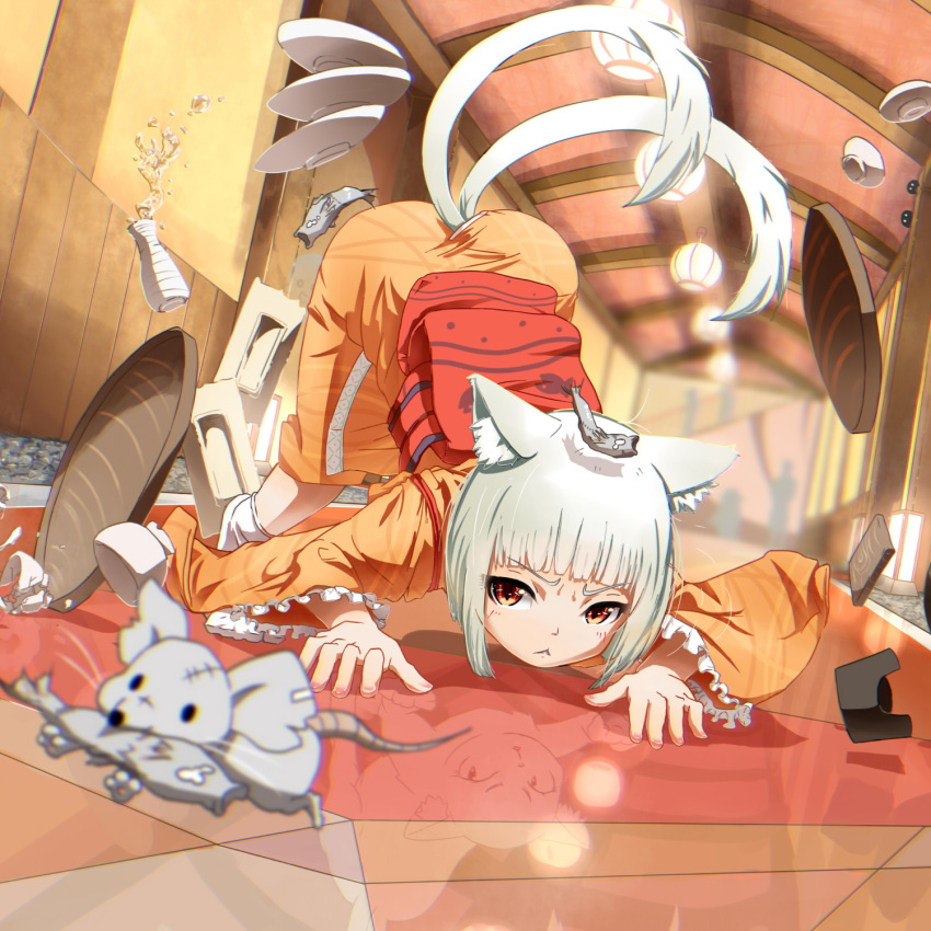 1girl :&lt; all_fours animal_ears cat_ears cat_tail highres japanese_clothes kimono long_sleeves mouse original red_eyes reflection short_hair silver_hair slit_pupils solo tadano_omake tail top-down_bottom-up tray white_legwear