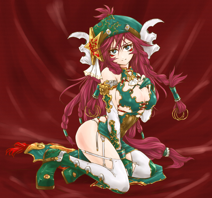 1girl adapted_costume blue_eyes braid breasts bridal_gauntlets cleavage detached_sleeves dress facial_mark garter_straps green_dress hand_on_own_chest hat highres hong_meiling large_breasts ledjoker07 long_hair looking_at_viewer low-tied_long_hair redhead side_slit sitting solo star thigh-highs touhou very_long_hair white_legwear