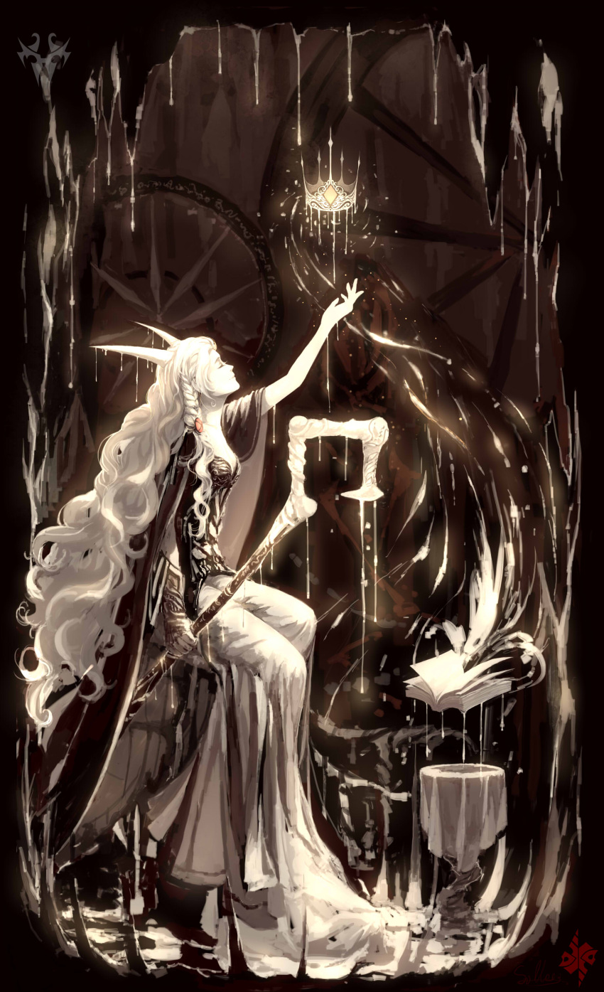 1girl absurdres artist_request book braid cape cave cloak closed_eyes crown curly_hair dripping floating_book gloves highres horns long_hair original outstretched_arm outstretched_hand pixiv_fantasia pixiv_fantasia_fallen_kings sitting smile staff very_long_hair white_hair
