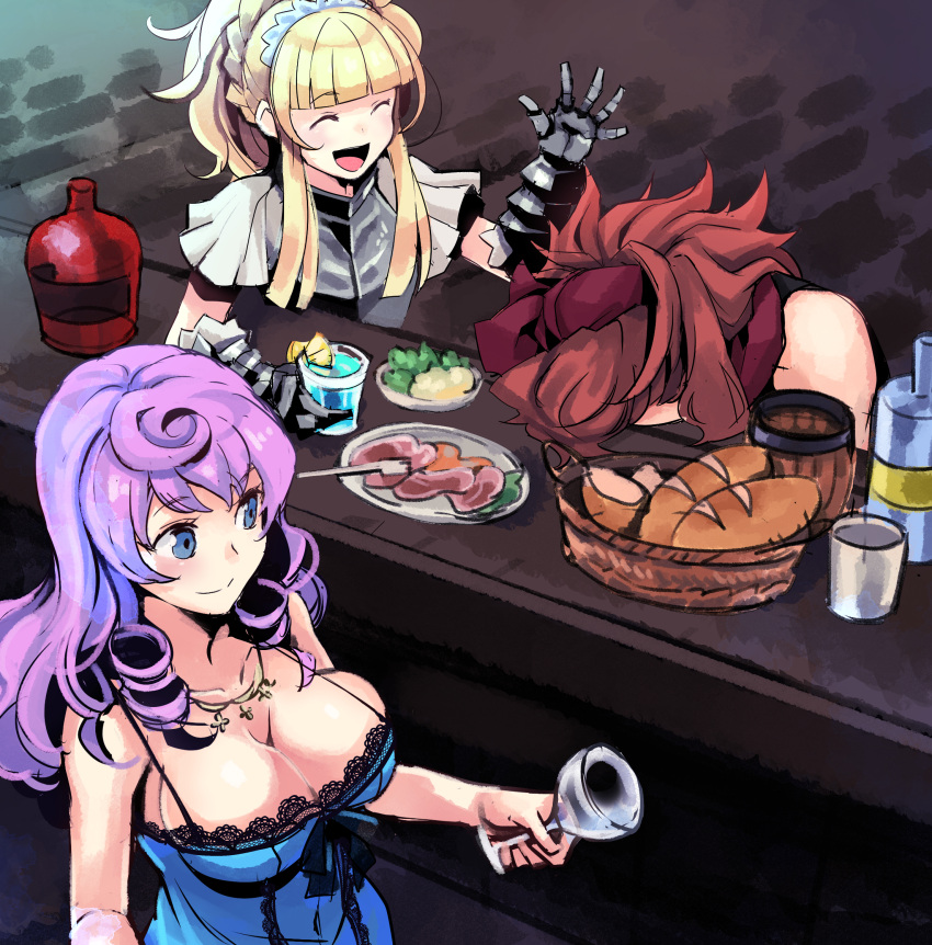 bandana blonde_hair closed_eyes food gauntlets highres missy_(sekaiju) orange_hair princess_(sekaiju) purple_hair sekaiju_no_meikyuu sekaiju_no_meikyuu_3 tiara tubameraamen warrior_(sekaiju)