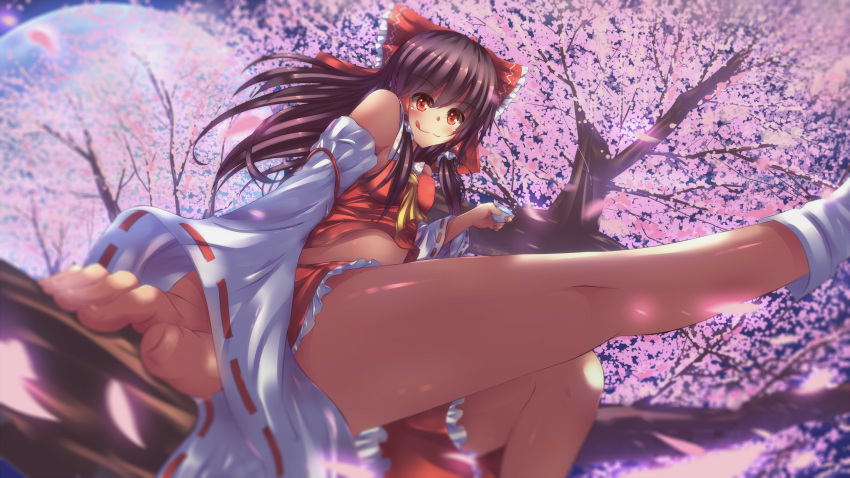 1girl :q alcohol ascot blurry blush bow brown_hair cherry_blossoms choko_(cup) commentary_request depth_of_field detached_sleeves drunk foreshortening full_moon hair_bow hair_tubes hakurei_reimu highres leg_up long_hair looking_at_viewer midriff miniskirt moon night red_eyes sake sitting skirt smile solo tongue tongue_out touhou waruwarutsu