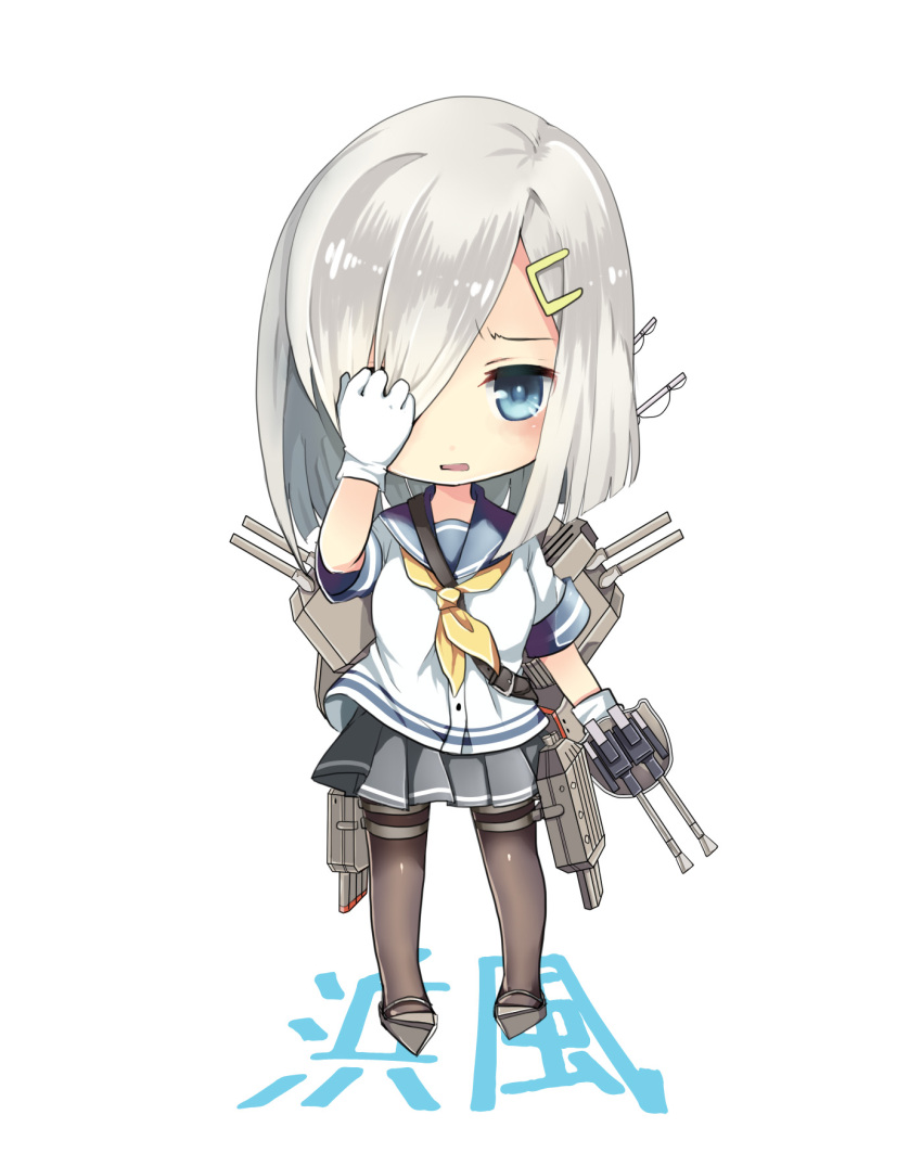 blue_eyes chibi covering_one_eye hair_ornament hairclip hamakaze_(kantai_collection) hand_on_head highres kantai_collection pantyhose personification white_hair