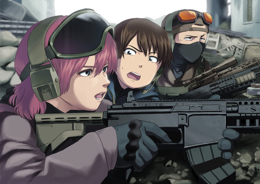1girl 2boys assault_rifle black_eyes blue_eyes brown_hair city commentary face_mask gloves goggles goggles_on_head gun headset looking_at_another mask military multiple_boys original pink_hair rifle rubble ruins saving_private_ryan scope short_hair sniper_rifle takamaru_(opagu) war weapon