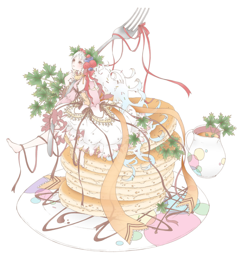 1girl barefoot dish dress food food_as_clothes food_themed_clothes fruit h-noi hair_as_food headdress highres looking_up pancake raspberry red_eyes ribbon solo sweat white_hair