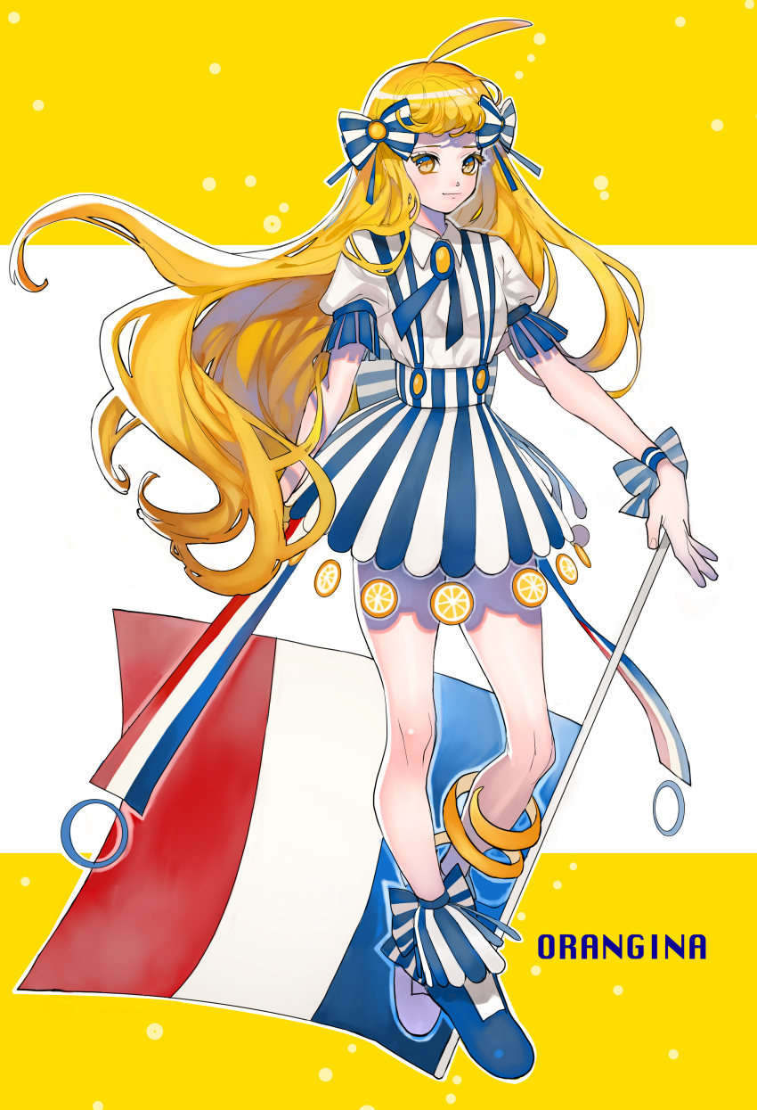 1girl absurdres ahoge aruterra blonde_hair bow dress flag food_themed_clothes france hair_bow highres long_hair orangina personification shoes solo text yellow_eyes