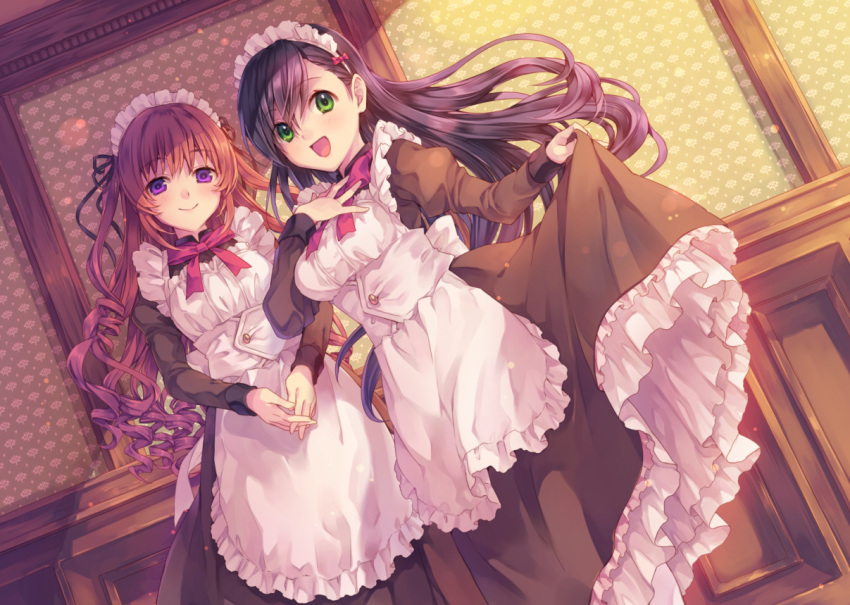 2girls black_hair blush dress green_eyes imomu long_hair long_sleeves maid maid_apron maid_headdress multiple_girls open_mouth original redhead smile violet_eyes