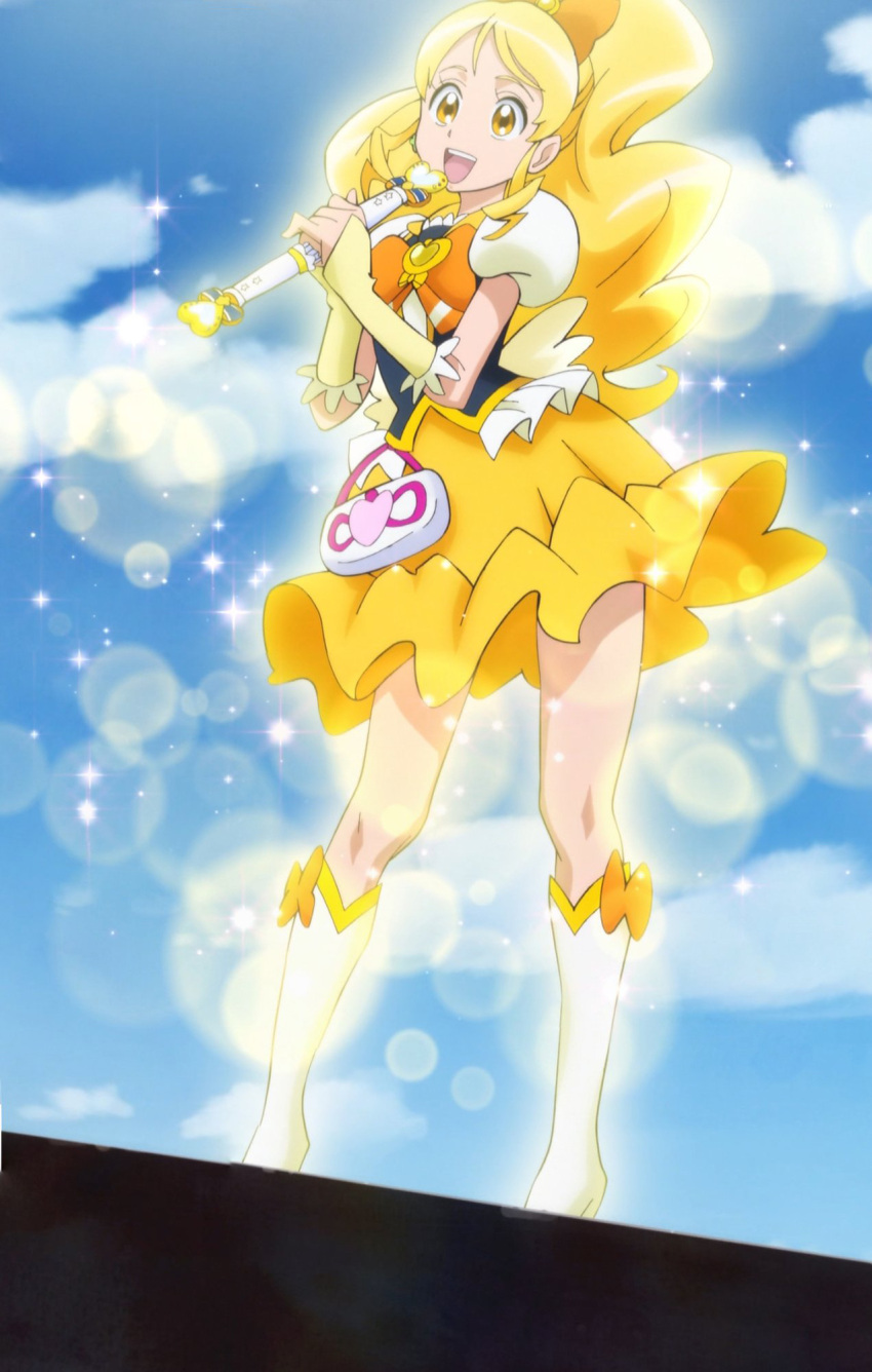 baton blonde_hair boots clouds cure_honey happinesscharge_precure! highres long_hair microphone pleated_skirt ponytail precure screencap skirt sky sparkle yellow_eyes