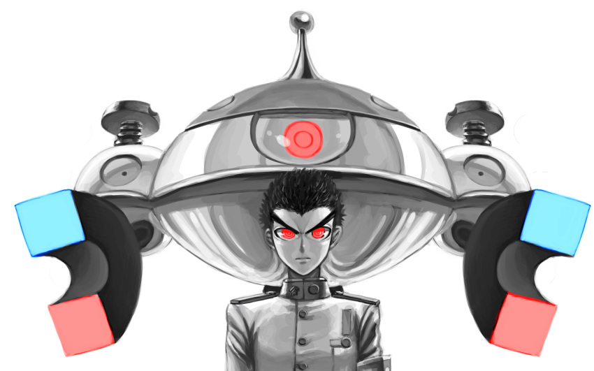 1boy bootleg88 bust crossover dangan_ronpa ears eyebrows glowing glowing_eyes highres ishimaru_kiyotaka looking_at_viewer magnet magnezone pokemon pokemon_(creature) red_eyes school_uniform screw serious spot_color