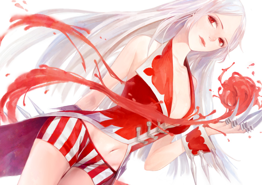 1girl blood breasts claw_(weapon) cleavage genderswap heather37 highres league_of_legends long_hair midriff navel red_eyes shorts smile solo vladimir white_background white_hair