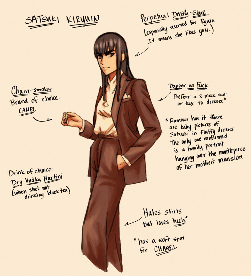 1girl black_hair cigarette english eyebrows formal hand_in_pocket highres kill_la_kill kiryuuin_satsuki roman_imperial slacks solo suit thick_eyebrows