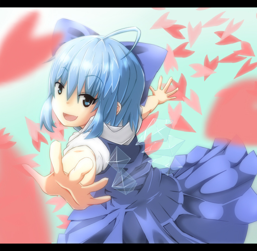 1girl ahoge blue_background blue_eyes blue_hair bow cirno dress fang gradient gradient_background hair_bow key_(a30013001) letterboxed looking_at_viewer open_mouth outstretched_arms payot petals short_hair short_sleeves solo spread_arms touhou wings