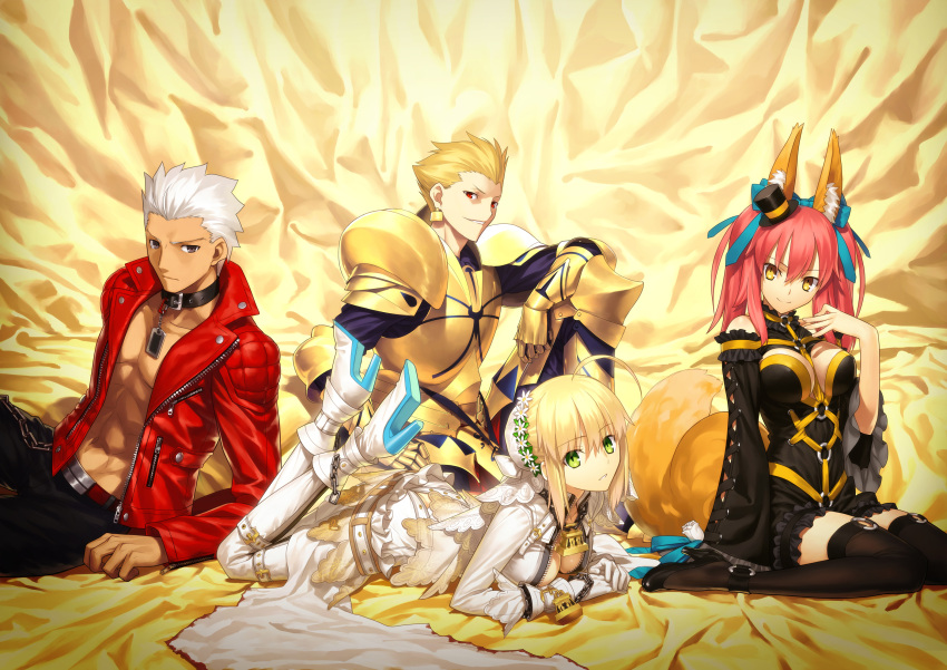 2boys 2girls ahoge animal_ears archer bare_shoulders belt black_legwear blonde_hair bodysuit breastplate breasts caster_(fate/extra) center_opening chain choker detached_sleeves earrings fate/extra fate/extra_ccc fate_(series) fox_ears fox_tail gauntlets gilgamesh greaves green_eyes grey_eyes hair_ribbon hat high_heels highres jacket jewelry leather_jacket lock long_hair lying mini_top_hat multiple_boys multiple_girls official_art on_stomach padlock pants parted_lips pauldrons pink_hair red_eyes red_jacket ribbon saber_bride saber_extra shoes short_hair sitting smile tail takeuchi_takashi thigh-highs top_hat veil wariza white_hair yellow_eyes
