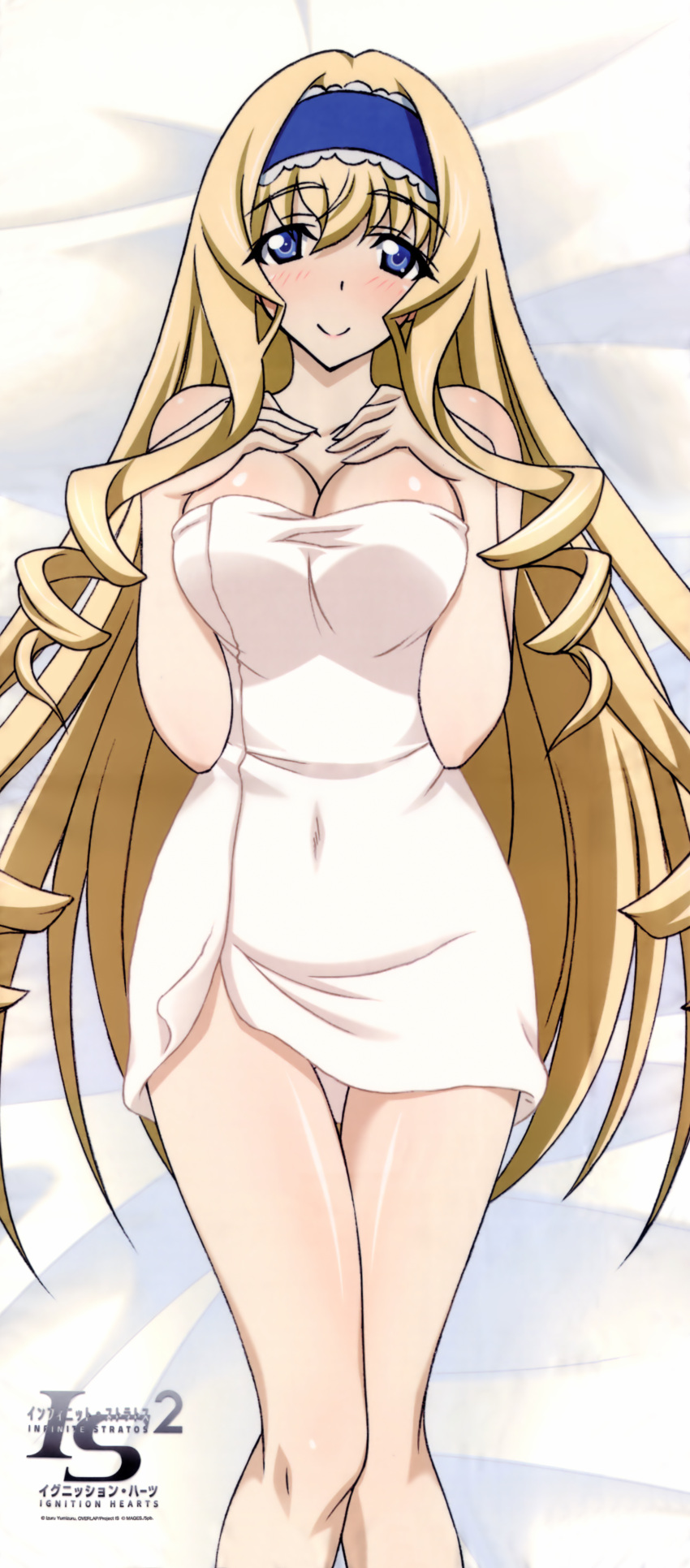 1girl absurdres bed_sheet blonde_hair blue_eyes blush body_blush breasts cecilia_alcott cleavage covered_navel dakimakura drill_hair hairband highres infinite_stratos large_breasts logo long_hair lying naked_towel official_art on_back shiny shiny_skin smile solo towel very_long_hair