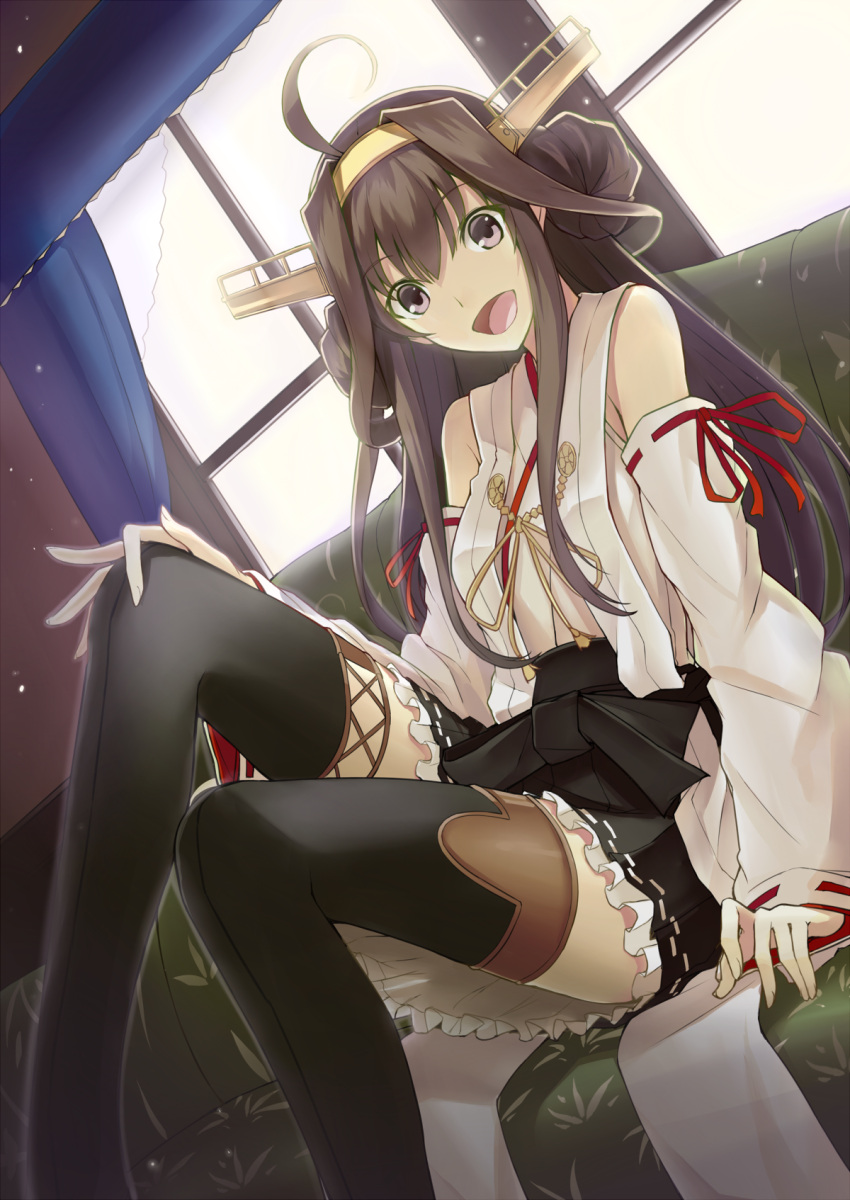 1girl ahoge antennae backlighting bare_shoulders black_legwear brown_eyes detached_sleeves hair_ornament hand_on_shoulder highres kantai_collection kauto kongou_(kantai_collection) long_hair long_sleeves looking_at_viewer nontraditional_miko open_mouth shirt skirt smile solo thigh-highs very_long_hair window