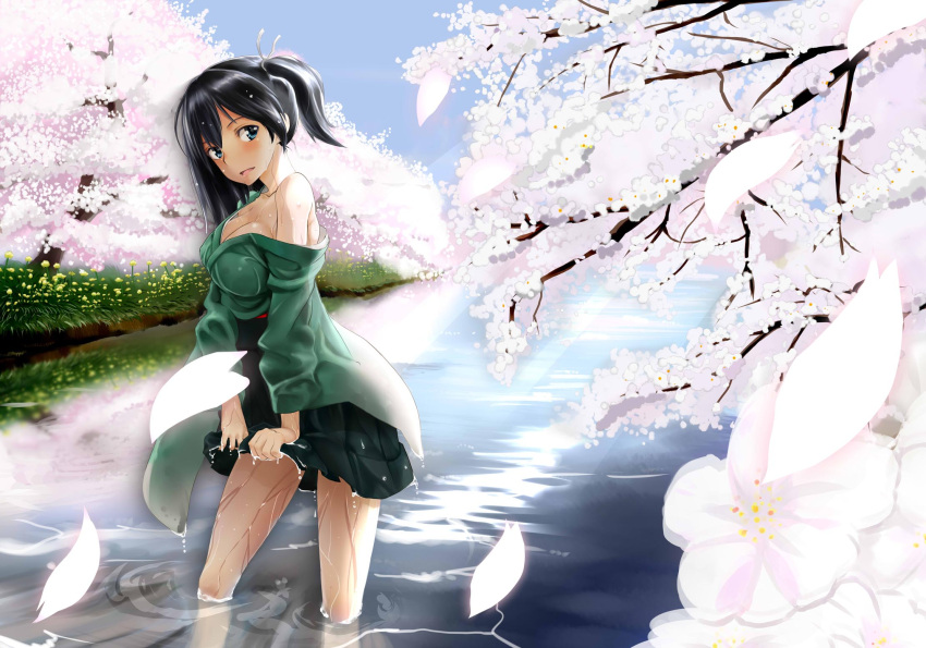 1girl black_hair blue_eyes blue_sky blush breasts cherry_blossoms cleavage highres japanese_clothes kantai_collection kurihara09083303771 long_sleeves off_shoulder open_mouth personification petals ribbon river short_hair skirt sky smile souryuu_(kantai_collection) tree twintails water wet wet_clothes wide_sleeves