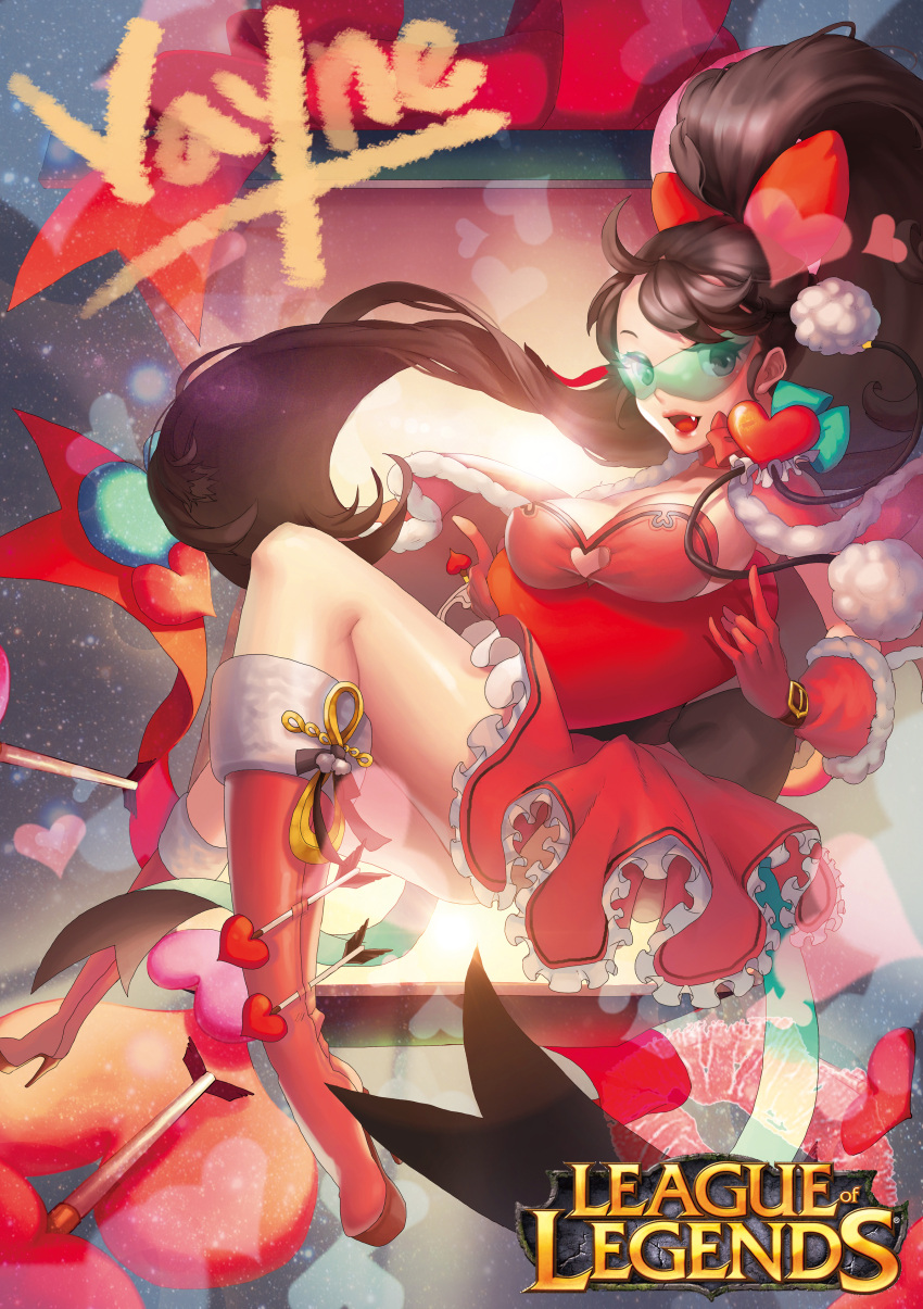 1girl absurdres alternate_costume arrow boots brown_hair cape character_name copyright_name dress fangs gloves heart highres league_of_legends long_hair open_mouth pom_pom_(clothes) ponytail red_dress red_gloves smile solo sunglasses vayne_aurelius yamijam