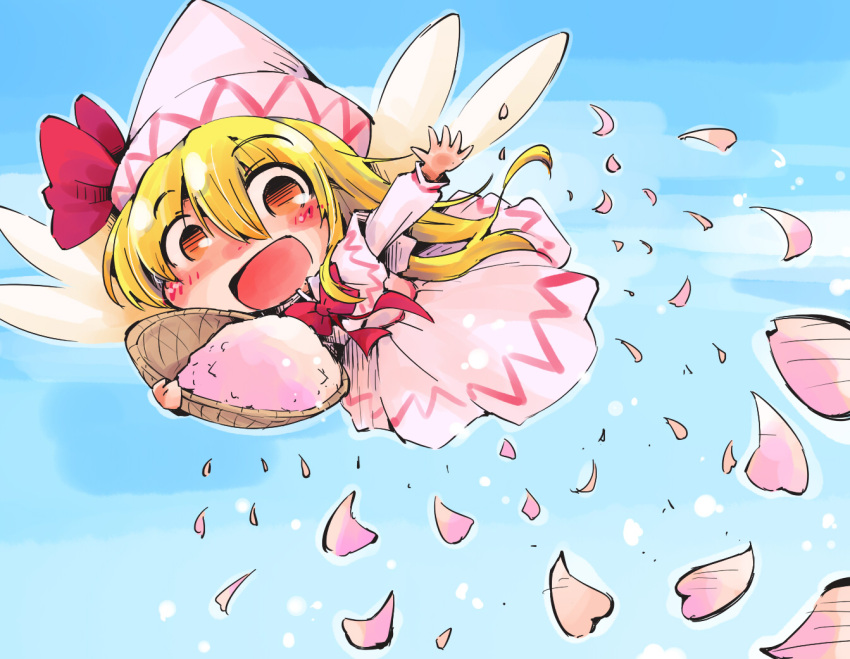 1girl blonde_hair blue_sky blush bow brown_eyes capelet commentary_request dress fairy_wings flying hat hat_bow lily_white long_hair long_sleeves open_mouth petals pink_dress shinapuu sky smile solo touhou wings