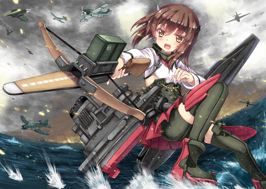 1girl airplane bike_shorts blush bow_(weapon) brown_eyes brown_hair crossbow headband headgear kantai_collection north_abyssor open_mouth personification short_hair skirt solo taihou_(kantai_collection) thigh-highs weapon