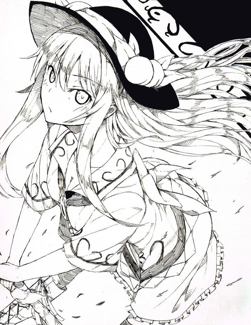 &gt;:| 1girl absurdres boots bow breasts cleavage collarbone dress fire food food_themed_clothes from_above fruit hands_on_hilt hat highres hinanawi_tenshi long_hair looking_up millipen_(medium) monochrome neropaso peach serious short_sleeves simple_background skirt small_breasts solo sword sword_of_hisou touhou traditional_media transparent very_long_hair weapon white_background
