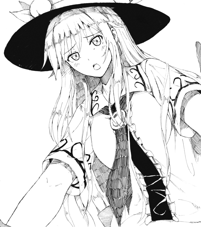 1girl absurdres boots bow dress food food_themed_clothes foreshortening from_below fruit hat highres hinanawi_tenshi long_hair looking_at_viewer looking_down millipen_(medium) monochrome neropaso outstretched_arms peach short_sleeves simple_background solo sword touhou traditional_media very_long_hair weapon white_background worried