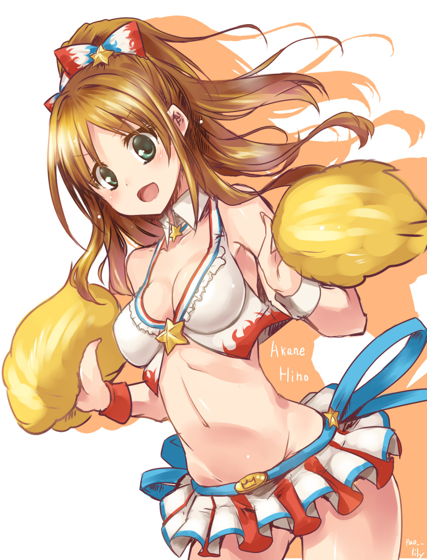 1girl bikini_top blonde_hair breasts brown_hair character_name cleavage detached_collar highres hino_akane_(idolmaster) idolmaster idolmaster_cinderella_girls midriff navel open_mouth paopao pleated_skirt pom_poms ribbon shadow skirt smile solo star white_background wrist_cuffs
