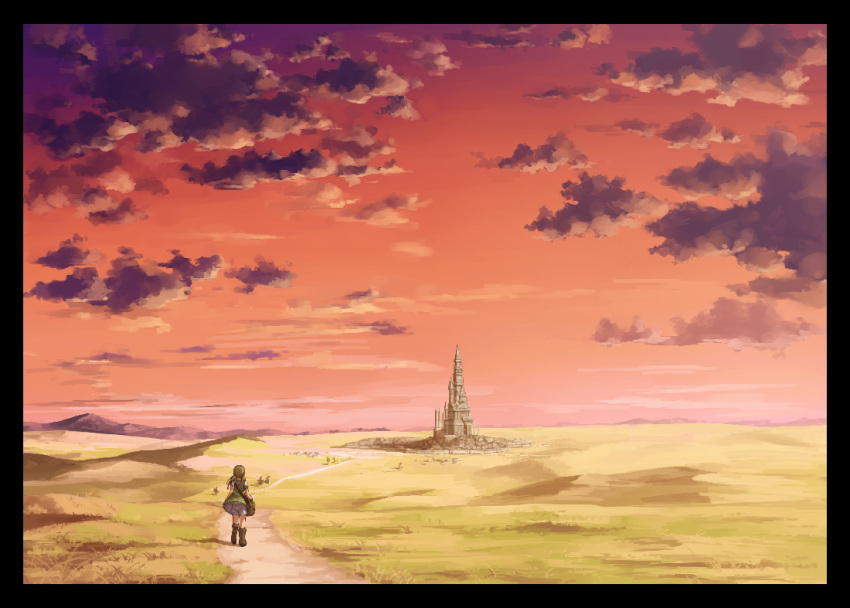 1girl bag boots brown_hair castle city clouds eichisu long_hair original path road scenery skirt sky solo sunset twintails windowboxed