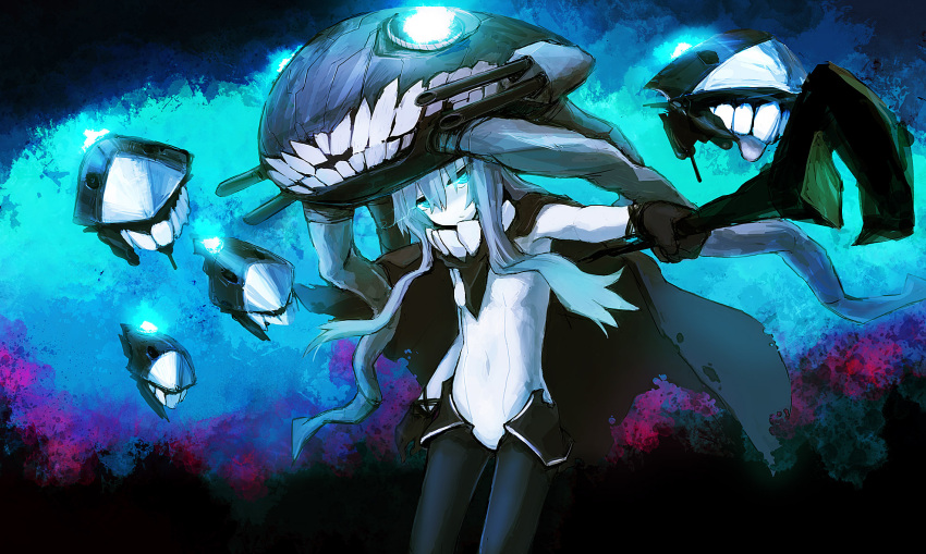 1girl blue_eyes bodysuit cape gloves glowing glowing_eyes hat highres kantai_collection long_hair looking_at_viewer monster noconol pale_skin silver_hair traditional_media wo-class_aircraft_carrier