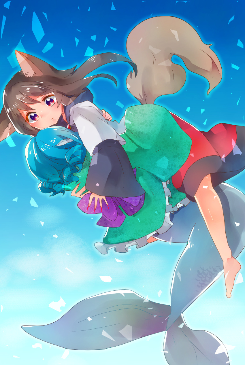 2girls absurdres animal_ears barefoot blue_hair blue_sky brooch brown_hair drill_hair fingernails flying head_fins head_in_chest highres hug imaizumi_kagerou japanese_clothes jewelry kimono layered_dress long_fingernails long_hair looking_at_another mermaid monster_girl multiple_girls nail_polish red_eyes sharp_fingernails short_hair shukinuko sky tail touhou twin_drills wakasagihime wolf_ears wolf_tail