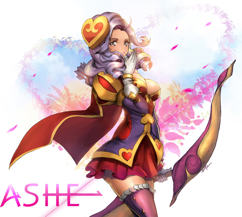 1girl alternate_costume alternate_hairstyle arrow ashe_(league_of_legends) bow_(weapon) breasts cape character_name curly_hair gloves grey_eyes grey_hair holding_weapon large_breasts league_of_legends long_hair long_sleeves nal_(nal's_pudding) red_skirt skirt solo weapon white_gloves