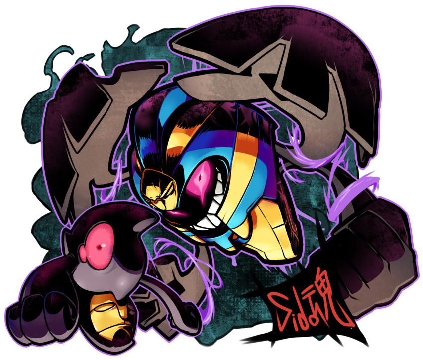 artist_name cofagrigus glowing glowing_eyes highres no_humans pink_eyes pokemon pokemon_(creature) sharp_teeth sido_(slipknot) simple_background white_background yamask