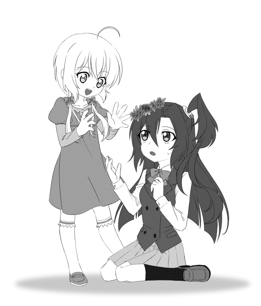 2girls ahoge bangs black_legwear bow collarbone cross-laced_clothes dress front-tie_top full_body greyscale hair_bow hair_ornament hairclip head_wreath highres kazanari_tsubasa kneehighs loafers long_hair long_sleeves looking_at_another low-tied_long_hair monochrome multiple_girls open_mouth parted_bangs pleated_skirt puffy_short_sleeves puffy_sleeves school_uniform senki_zesshou_symphogear shadow shoes short_sleeves side_ponytail simple_background skirt sleeveless_blazer sleeveless_jacket standing sweatdrop twintails very_long_hair white_legwear younger yukine_chris
