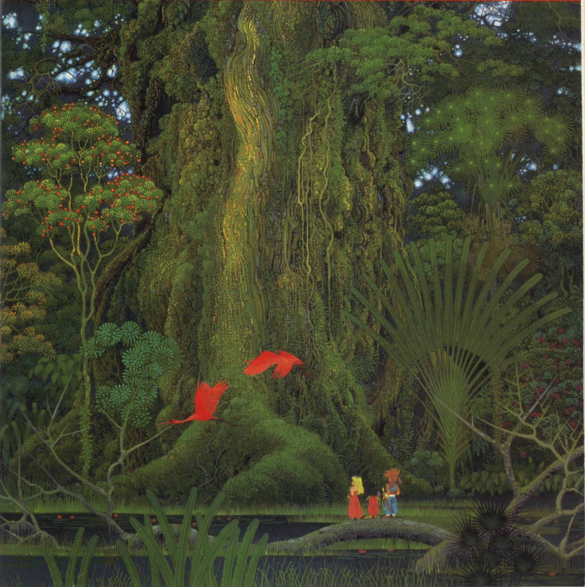 2boys androgynous bird blonde_hair crane crane_(animal) from_behind highres mana_tree multiple_boys multiple_girls nature official_art oldschool orange_hair popoie poster purim randi scan seiken_densetsu seiken_densetsu_2 square sword tree weapon