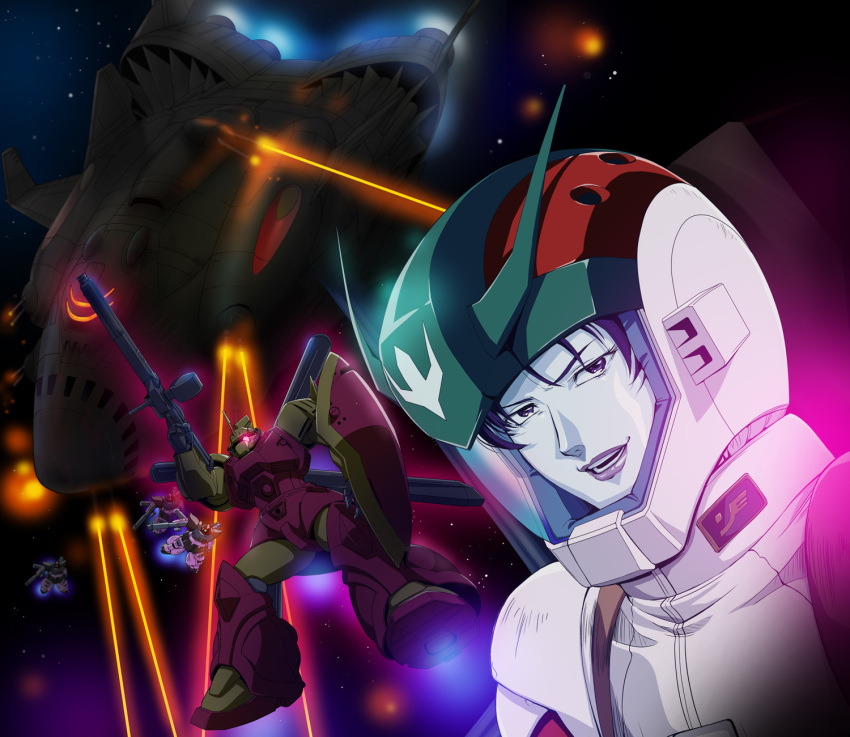 bad_id bazooka beam_rifle cima_garahau gelgoog gelgoog_marine gelgoog_marine_cima_custom gun gundam gundam_0083 highres lips lipstick mecha mots pilot_suit rick_dom_ii shield space space_craft spaceship weapon zanzibar