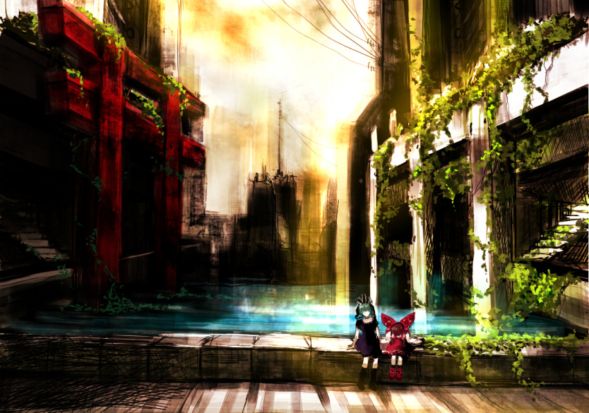 31_violence building hakurei_reimu kagiyama_hina multiple_girls overgrown plant ruins scenery shade sitting sunlight torii touhou water