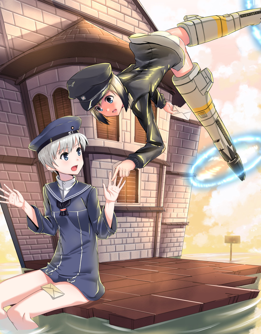2girls absurdres blonde_hair blue_eyes building crossover envelope erica_hartmann flying hat highres kantai_collection looking_at_another multiple_girls open_mouth pointing sailor_dress sailor_hat short_hair silver_hair sitting skyofgs strike_witches striker_unit surprised uniform water z1_leberecht_maass_(kantai_collection)