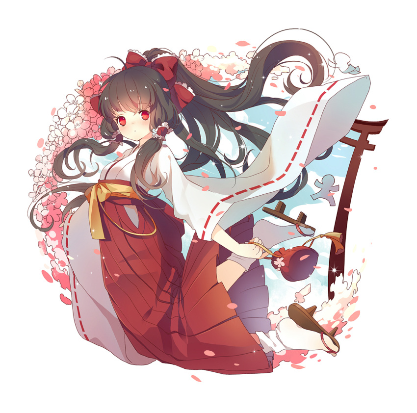 1girl bow brown_hair cherry_blossoms flower hair_bow hair_tubes hakama hakurei_reimu japanese_clothes long_hair looking_at_viewer miemia miko petals ponytail red_eyes socks solo touhou wide_sleeves