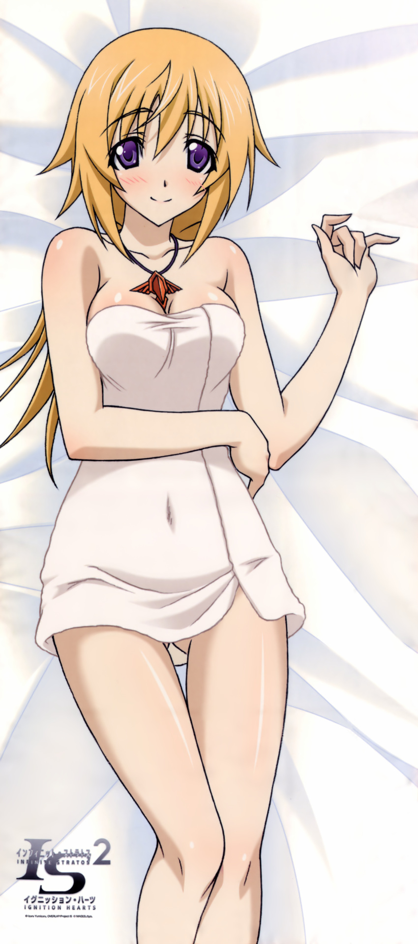 1girl absurdres bed_sheet blonde_hair blush breasts charlotte_dunois cleavage covered_navel dakimakura highres infinite_stratos jewelry logo long_hair lying naked_towel necklace official_art on_back shiny shiny_skin smile solo towel violet_eyes
