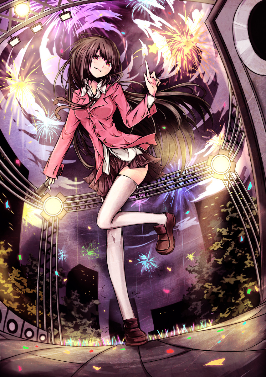 1girl absurdres black_hair fang fireworks glowstick highres hourai_no_hangentsuki long_hair looking_at_viewer microphone original smile speaker stage stage_lights tagme