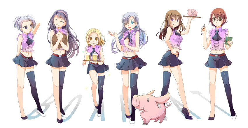1boy 5girls aira_(exp) alcohol alternate_hair_color androgynous animal asymmetrical_clothes beer belt black_skirt blonde_hair blue_eyes brown_eyes brown_hair closed_eyes crossdressinging diane_(nanatsu_no_taizai) earrings elaine expressionless frills geera glasses gowther hair_ornament hair_over_eyes hair_over_one_eye hairband happy hawk_(nanatsu_no_taizai) highres jericho_(nanatsu_no_taizai) jewelry leoneth_elizabeth leoneth_elizabeth_(cosplay) long_hair looking_at_viewer midriff multiple_girls nanatsu_no_taizai navel pencil pig ponytail pose purple_shirt shirt shoes short_hair silver_hair simple_background skirt smile standing tagme thigh-highs thighs trap violet_eyes waitress white_background yellow_eyes