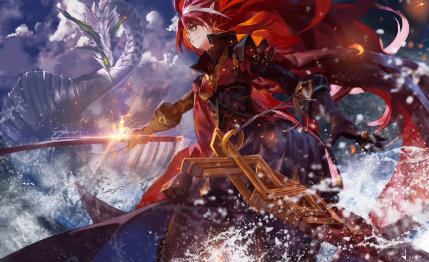 1girl alcd armor brown_eyes clouds dragon earrings gloves highres jewelry long_hair multicolored_hair original pixiv_fantasia pixiv_fantasia_fallen_kings red_eyes sky smile solo sword two-tone_hair water weapon white_hair
