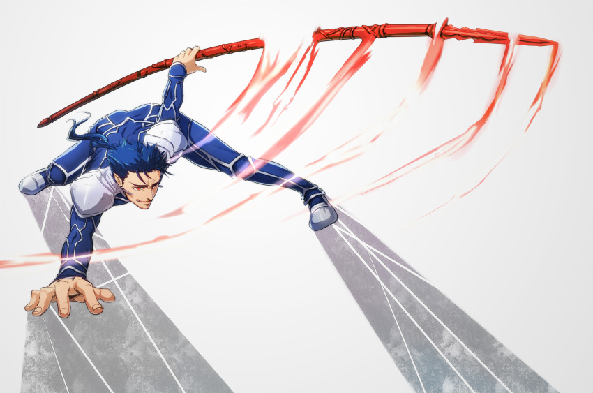 1boy action armor blue_hair fate/stay_night fate_(series) gae_bolg highres homutatu lancer long_hair polearm ponytail red_eyes solo spear weapon
