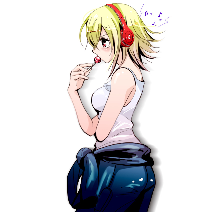 1girl beats_by_dr._dre blonde_hair candy character_request clothes_around_waist headphones highres koharu_turbo listening_to_music lollipop red_eyes short_hair solo tank_top