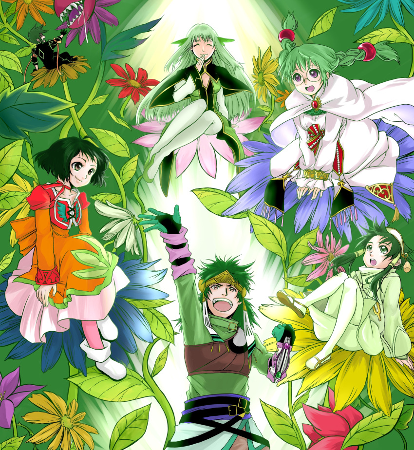 3boys 3girls arm_up armor belt braid brown_eyes cape capelet choker circlet closed_eyes cropped_jacket dress farah_oersted flower gloves green_eyes green_hair hair_color_connection hair_tubes highres ion long_hair mahiwa_(m_0421) martel_yggdrasill multiple_boys multiple_girls pantyhose payot philia_felice shoes short_hair sitting smile sync tales_of_(series) tales_of_destiny tales_of_eternia tales_of_rebirth tales_of_symphonia tales_of_the_abyss twin_braids tytree_crowe violet_eyes white_dress white_legwear