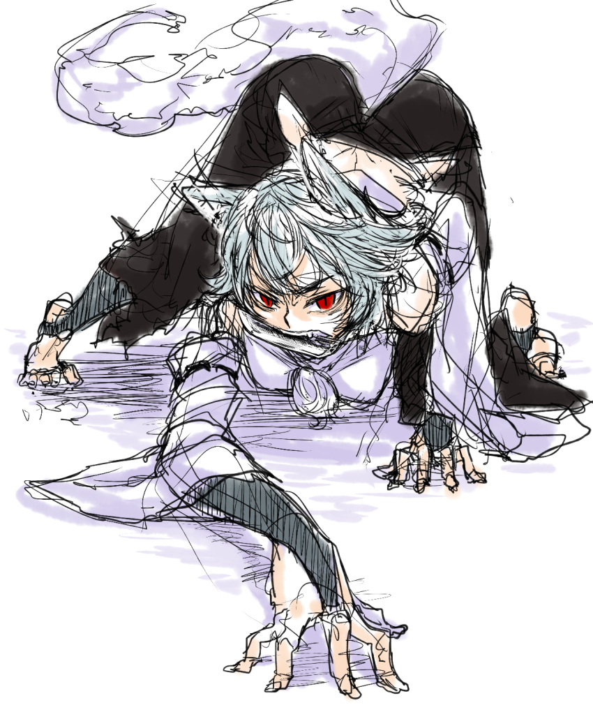 1girl all_fours animal_ears bakuya clenched_teeth detached_sleeves fighting_stance gloves highres inubashiri_momiji pants red_eyes sharp_teeth shirt silver_hair sketch slit_pupils solo spread_fingers spread_toes tail torn_clothes touhou white_background white_hair wolf_ears wolf_tail