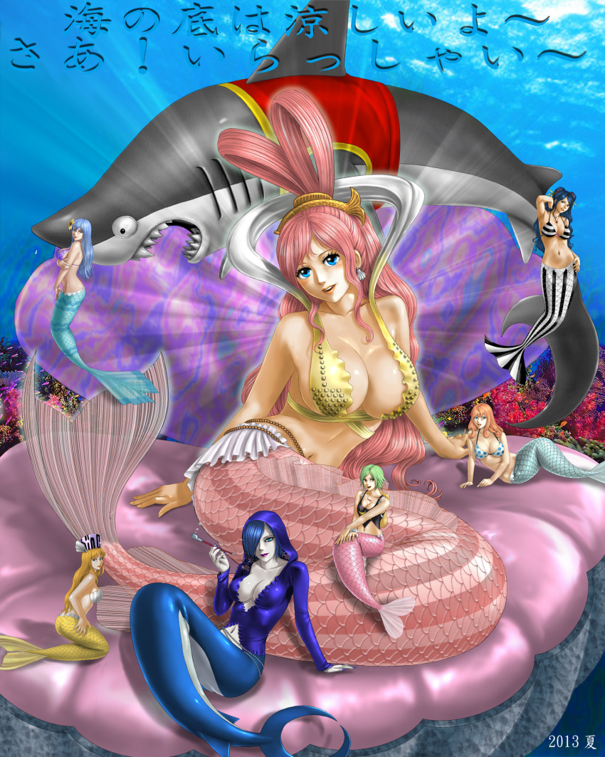 2013 6+girls bikini_top blonde_hair blue_eyes blue_hair blush breasts brown_eyes brown_hair camie cleavage earrings giantess green_hair hair_ornament hair_over_one_eye highres hood hoodie ishilly jewelry large_breasts lipstick long_hair lulis madame_shirley makeup megalo mermaid mero_(one_piece) monster_girl multiple_girls necklace one_piece pink_hair pipe purple_lipstick scales shark shirahoshi short_hair sora_(one_piece) toten_(artist) translation_request