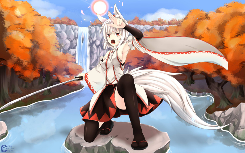 1girl animal_ears bare_shoulders breasts detached_sleeves hat highres inubashiri_momiji inyuppo looking_at_viewer pom_pom_(clothes) red_eyes short_hair silver_hair skirt solo sword sword_bag tail tokin_hat touhou tree water weapon wolf_ears