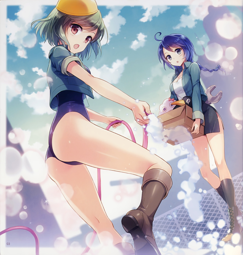 2girls :o an2a black_eyes black_legwear blue_hair blush boots box braid brown_eyes brown_hair clouds cross-laced_footwear fence hardhat helmet highres holding hose kantai_collection kneehighs lens_flare long_hair looking_at_viewer multiple_girls one-piece_swimsuit open_mouth personification scan short_hair single_braid skirt sky swimsuit tools water wrench