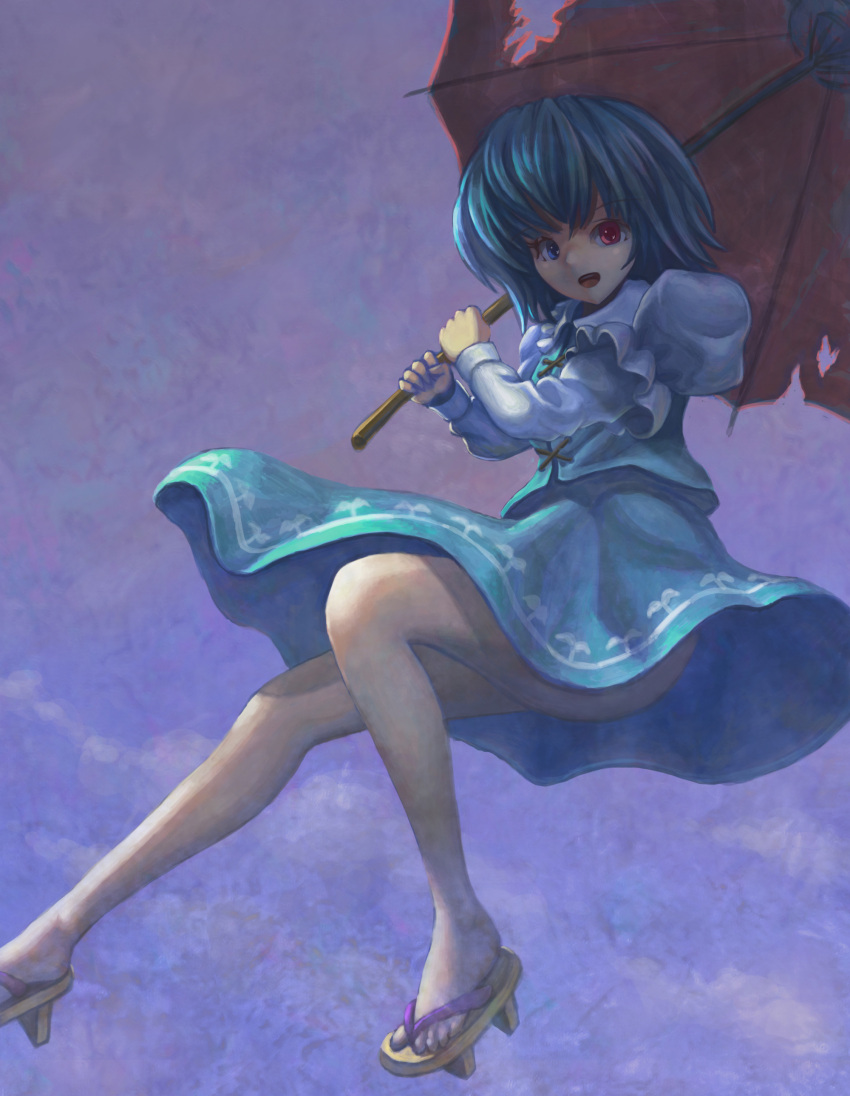 1girl absurdres bare_legs blue_eyes blue_hair clouds cloudy_sky flying folded_leg geta heterochromia highres juliet_sleeves long_sleeves looking_at_viewer no_socks open_mouth puffy_sleeves red_eyes short_hair skirt skirt_set sky solo syuraime_0 tatara_kogasa torn_umbrella touhou