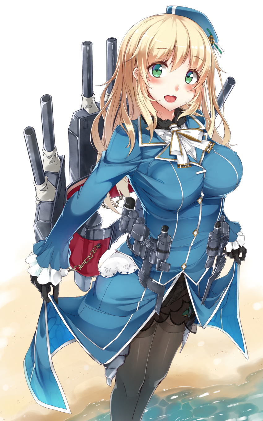 1girl atago_(kantai_collection) beach black_gloves blonde_hair blush breasts cannon gloves green_eyes hat heart heart-shaped_pupils highres kantai_collection large_breasts long_hair looking_at_viewer military military_uniform nanahara_fuyuki open_mouth pantyhose personification smile solo symbol-shaped_pupils thighband_pantyhose uniform
